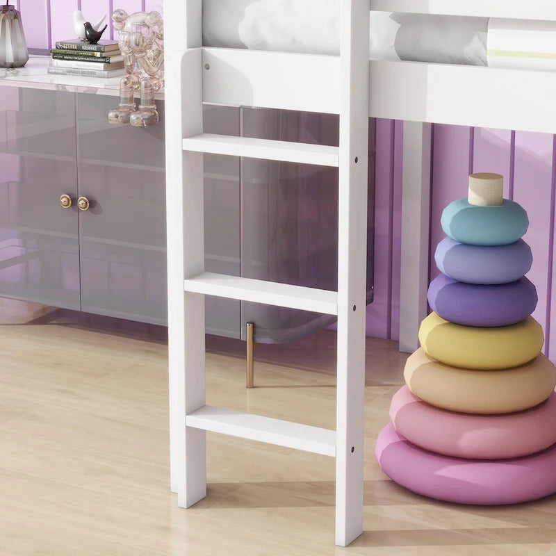 Twin Size Low Loft Bed with Slide, Ladder, Safety Guardrails, and Underbed Play and Storage Space for Boys Girls