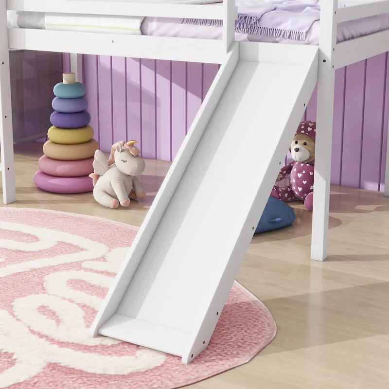 Twin Size Low Loft Bed with Slide, Ladder, Safety Guardrails, and Underbed Play and Storage Space for Boys Girls