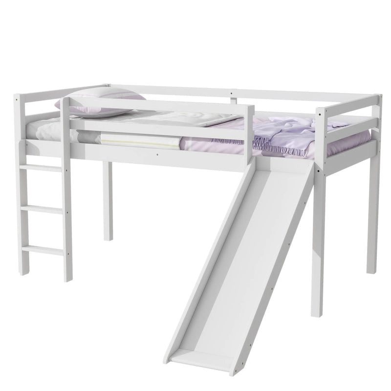 Twin Size Low Loft Bed with Slide, Ladder, Safety Guardrails, and Underbed Play and Storage Space for Boys Girls