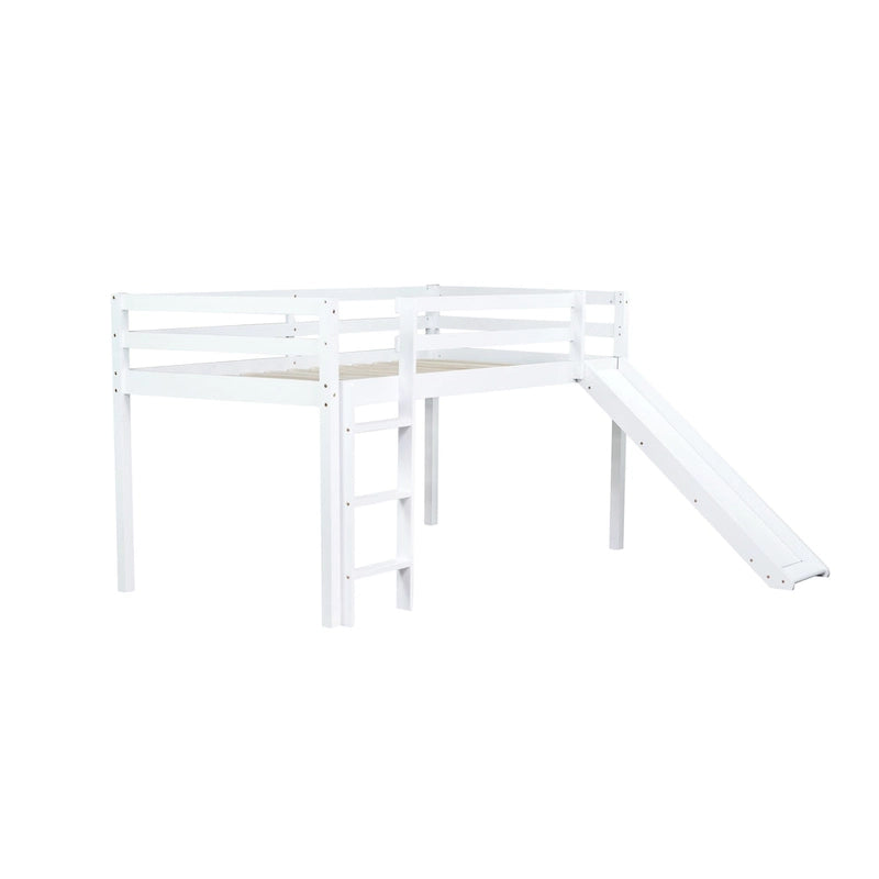 Twin Size Low Loft Bed with Slide, Ladder, Safety Guardrails, and Underbed Play and Storage Space for Boys Girls