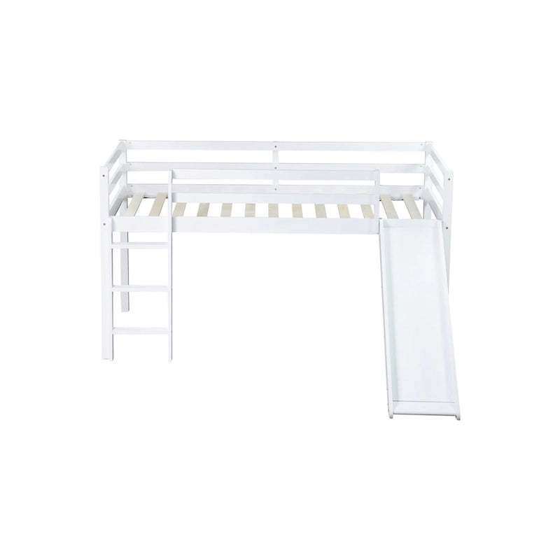 Twin Size Low Loft Bed with Slide, Ladder, Safety Guardrails, and Underbed Play and Storage Space for Boys Girls