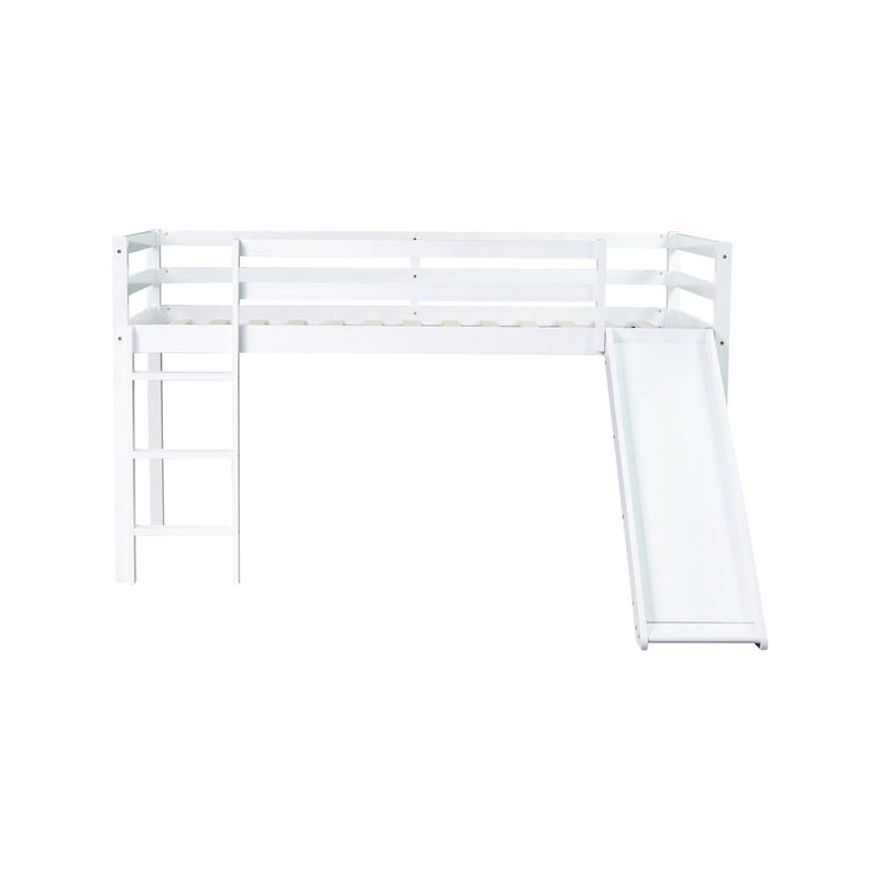 Twin Size Low Loft Bed with Slide, Ladder, Safety Guardrails, and Underbed Play and Storage Space for Boys Girls