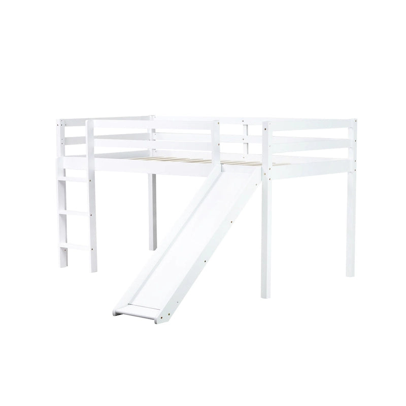 Twin Size Low Loft Bed with Slide, Ladder, Safety Guardrails, and Underbed Play and Storage Space for Boys Girls