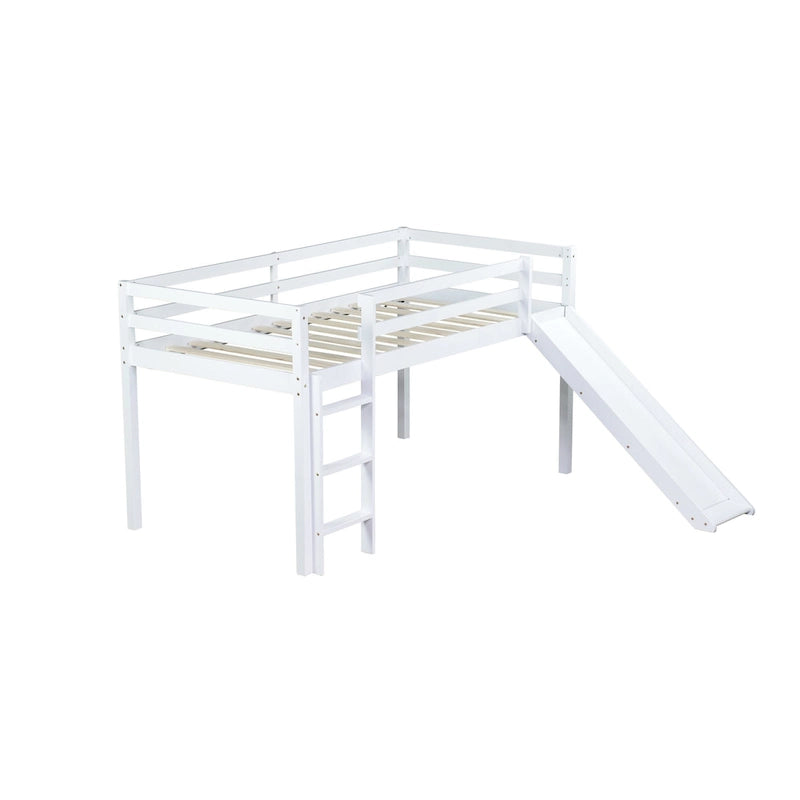 Twin Size Low Loft Bed with Slide, Ladder, Safety Guardrails, and Underbed Play and Storage Space for Boys Girls