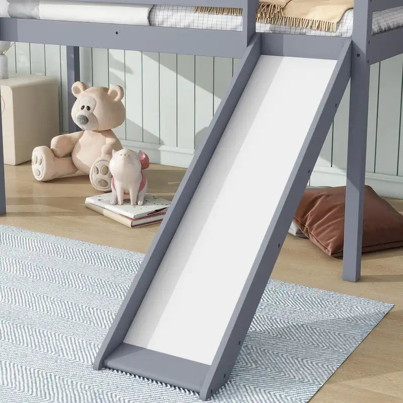Twin Size Low Loft Bed with Slide, Ladder, Safety Guardrails, and Underbed Play and Storage Space for Boys Girls