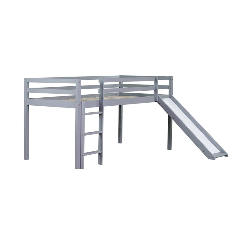 Twin Size Low Loft Bed with Slide, Ladder, Safety Guardrails, and Underbed Play and Storage Space for Boys Girls