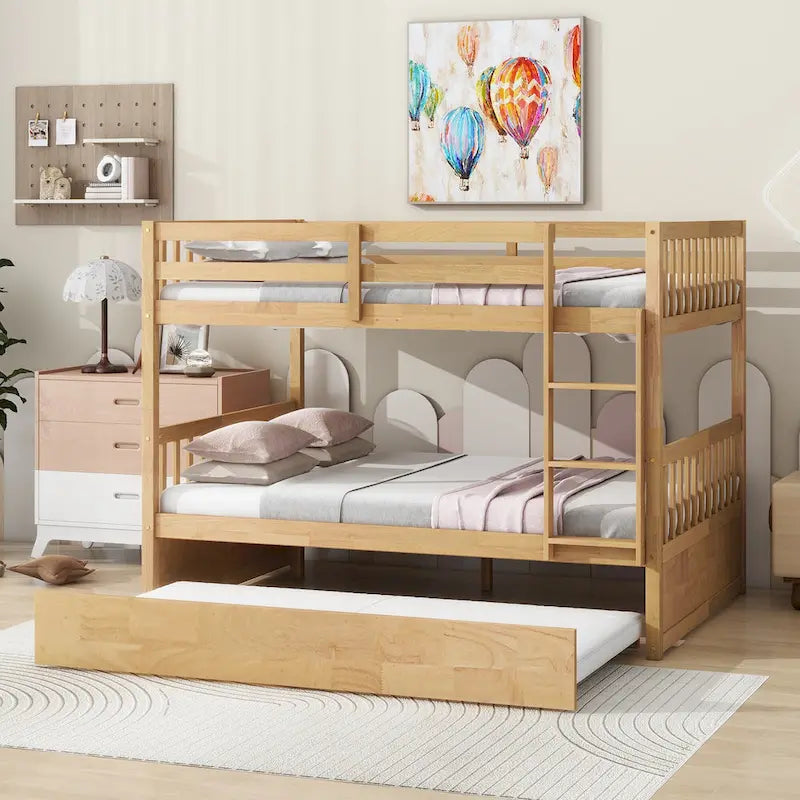 Rubber Wood Frame Bunk Beds with Wheels, Ladder and Safety Guardrails Convertible into 2 Beds - Available with Drawer or Trundle