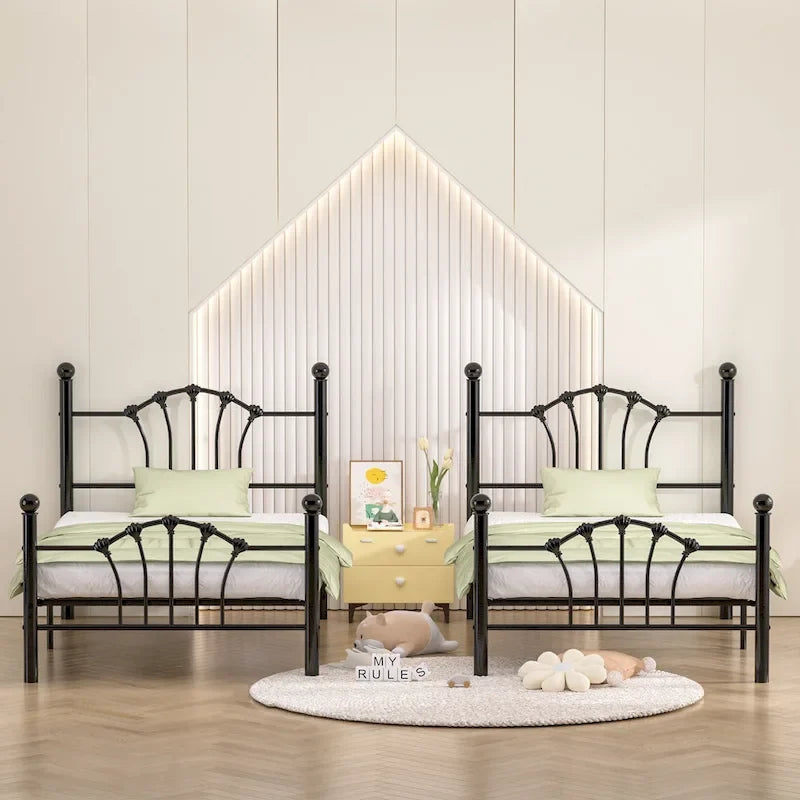 VECELO Classic Metal Platform Bed Frame, Twin Size Beds Set of 2 with Shell Style, Kids Bed Set of 2