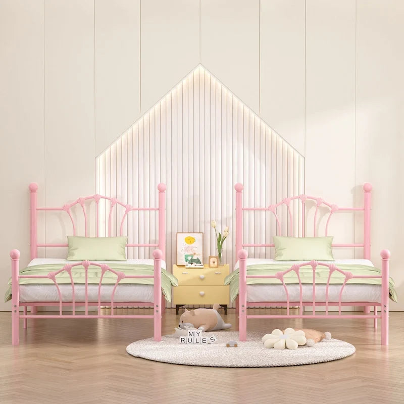 VECELO Classic Metal Platform Bed Frame, Twin Size Beds Set of 2 with Shell Style, Kids Bed Set of 2