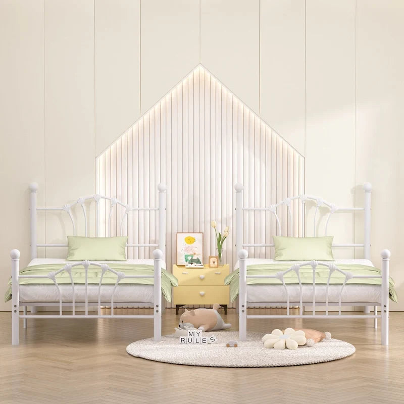 VECELO Classic Metal Platform Bed Frame, Twin Size Beds Set of 2 with Shell Style, Kids Bed Set of 2