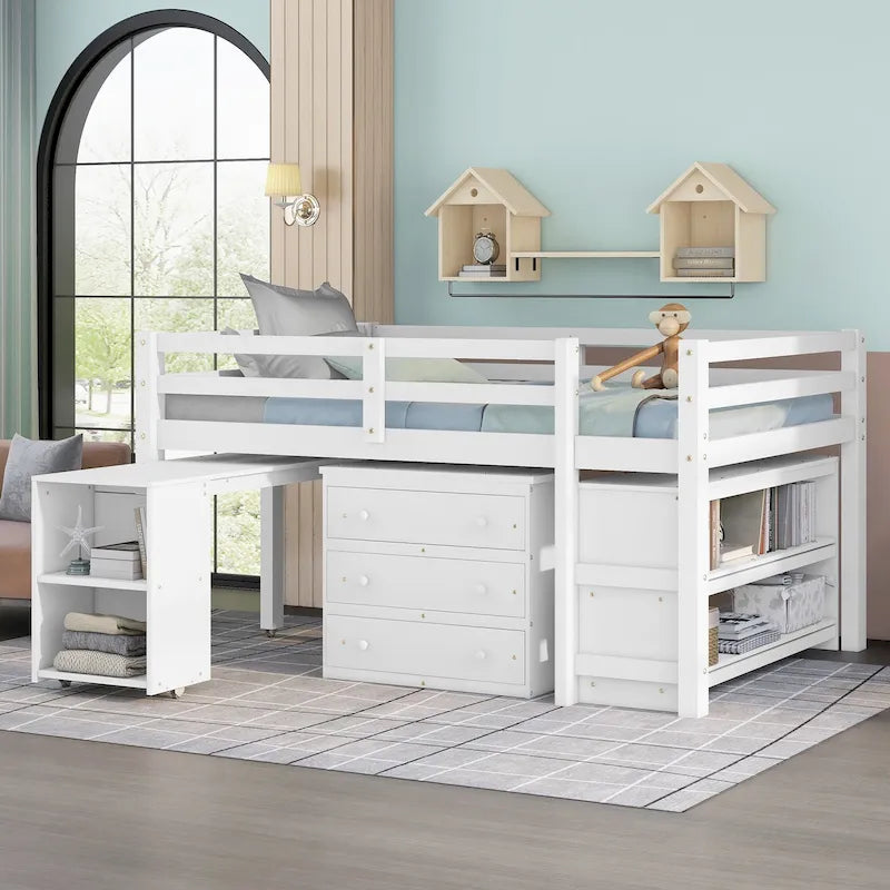 Low Loft Bed Full Size Platform Bed with Rolling Portable Desk, Cabinet, Shelves and Drawers, Multiple Functions Storage Bed
