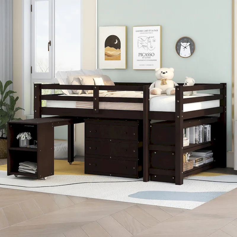 Low Loft Bed Full Size Platform Bed with Rolling Portable Desk, Cabinet, Shelves and Drawers, Multiple Functions Storage Bed