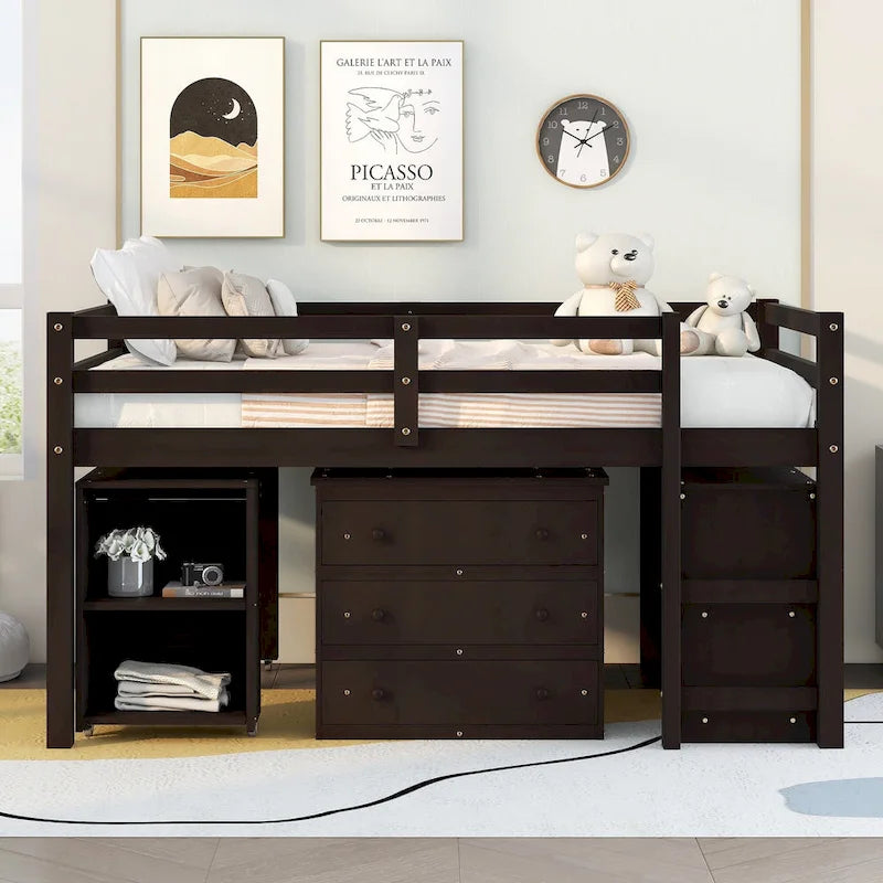 Low Loft Bed Full Size Platform Bed with Rolling Portable Desk, Cabinet, Shelves and Drawers, Multiple Functions Storage Bed