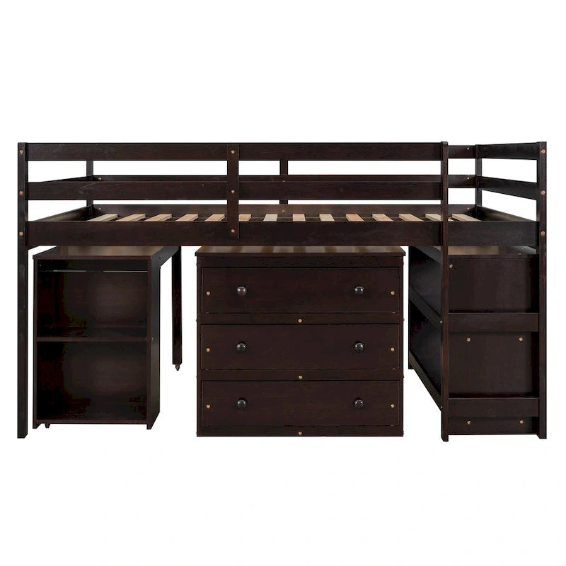 Low Loft Bed Full Size Platform Bed with Rolling Portable Desk, Cabinet, Shelves and Drawers, Multiple Functions Storage Bed