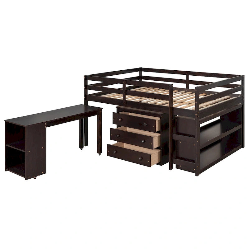 Low Loft Bed Full Size Platform Bed with Rolling Portable Desk, Cabinet, Shelves and Drawers, Multiple Functions Storage Bed