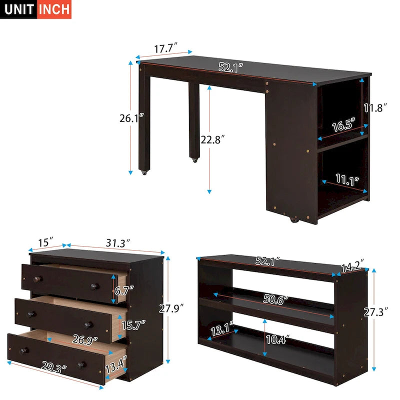 Low Loft Bed Full Size Platform Bed with Rolling Portable Desk, Cabinet, Shelves and Drawers, Multiple Functions Storage Bed