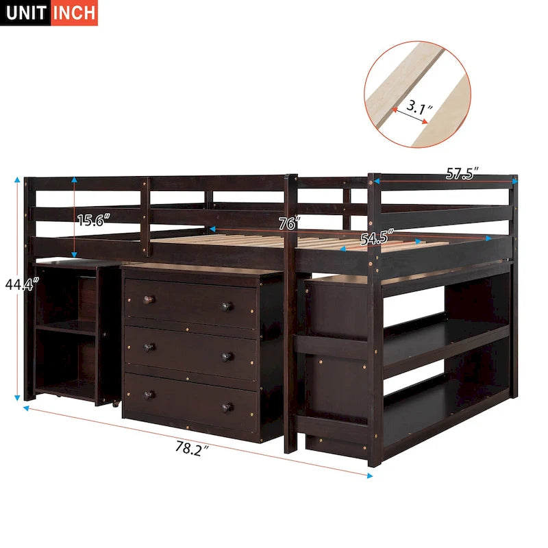 Low Loft Bed Full Size Platform Bed with Rolling Portable Desk, Cabinet, Shelves and Drawers, Multiple Functions Storage Bed