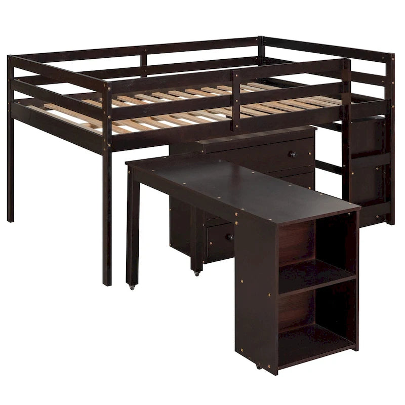 Low Loft Bed Full Size Platform Bed with Rolling Portable Desk, Cabinet, Shelves and Drawers, Multiple Functions Storage Bed