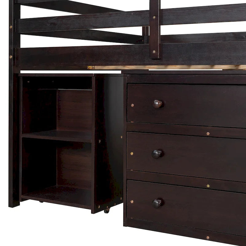 Low Loft Bed Full Size Platform Bed with Rolling Portable Desk, Cabinet, Shelves and Drawers, Multiple Functions Storage Bed