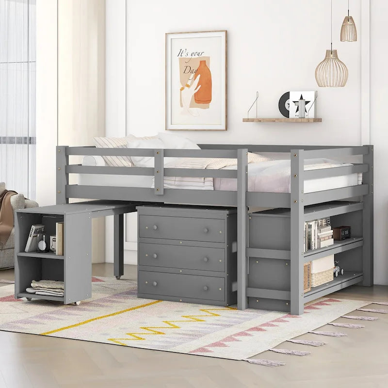 Low Loft Bed Full Size Platform Bed with Rolling Portable Desk, Cabinet, Shelves and Drawers, Multiple Functions Storage Bed