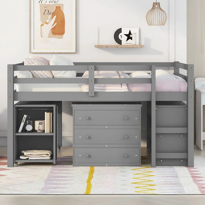 Low Loft Bed Full Size Platform Bed with Rolling Portable Desk, Cabinet, Shelves and Drawers, Multiple Functions Storage Bed