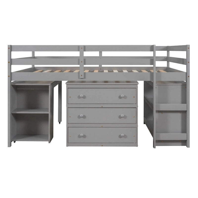 Low Loft Bed Full Size Platform Bed with Rolling Portable Desk, Cabinet, Shelves and Drawers, Multiple Functions Storage Bed