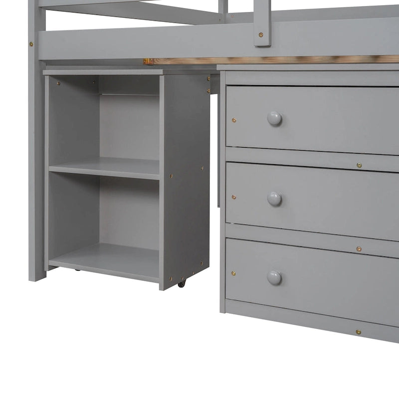 Low Loft Bed Full Size Platform Bed with Rolling Portable Desk, Cabinet, Shelves and Drawers, Multiple Functions Storage Bed