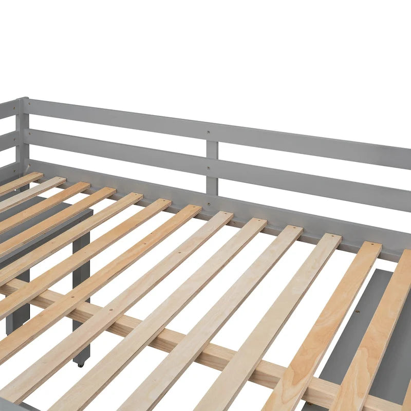 Low Loft Bed Full Size Platform Bed with Rolling Portable Desk, Cabinet, Shelves and Drawers, Multiple Functions Storage Bed
