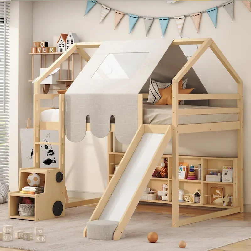 Solid Wood Loft Bed with Tent and Car Shaped Cabinet, Twin/Full Size Loft Bedframe with Storage Shelves and Roof Frame