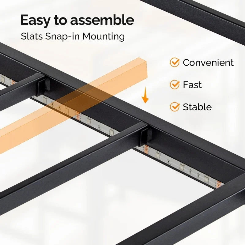 Black Twin Raised Bed with Desk Bookshelf Drawers Socket Light Strip Iron Bed USA