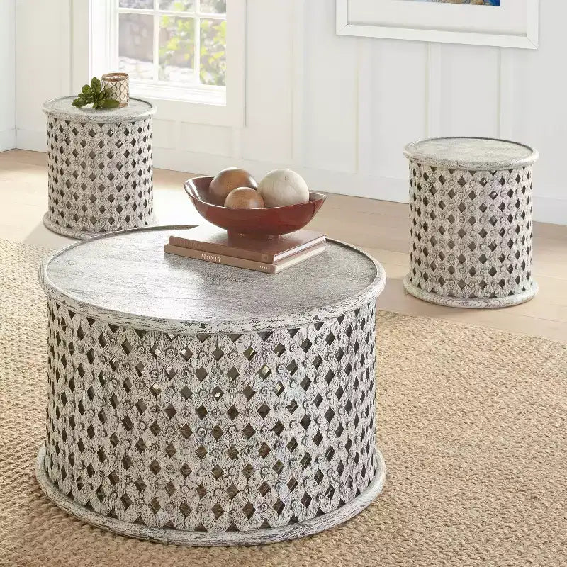 Samir Round Cocktail Table Alabaster - Steve Silver Co.: Heathered White, Wood Frame, Tray Top Design, No Assembly Required