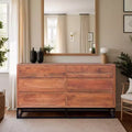 The Urban Port Wooden Dresser Or Display Unit with Metal Base Brown/Black: Mid-Century Modern, 6-Drawer Storage