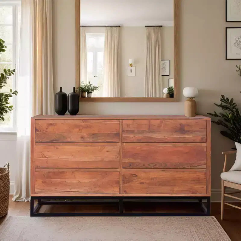 The Urban Port Wooden Dresser Or Display Unit with Metal Base Brown/Black: Mid-Century Modern, 6-Drawer Storage
