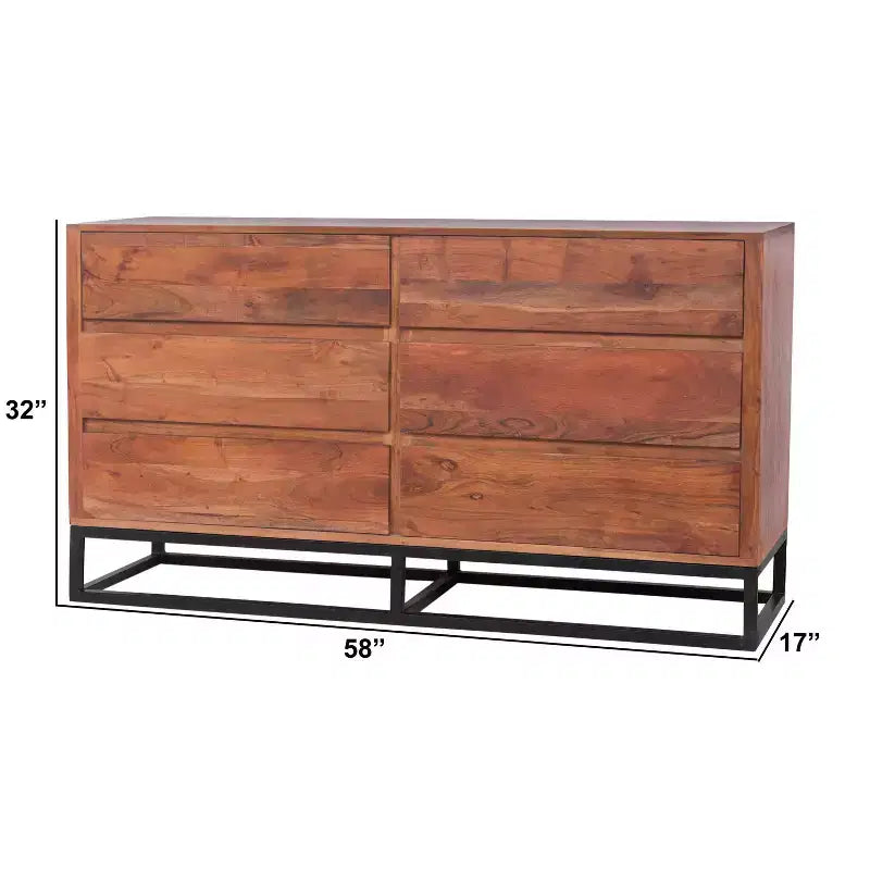 The Urban Port Wooden Dresser Or Display Unit with Metal Base Brown/Black: Mid-Century Modern, 6-Drawer Storage
