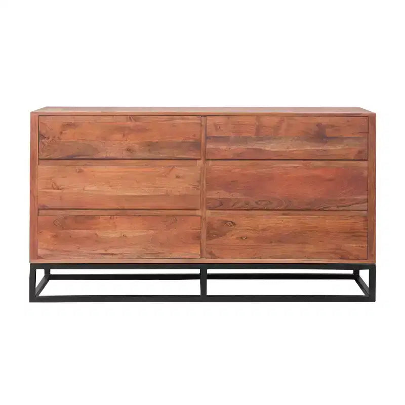 The Urban Port Wooden Dresser Or Display Unit with Metal Base Brown/Black: Mid-Century Modern, 6-Drawer Storage