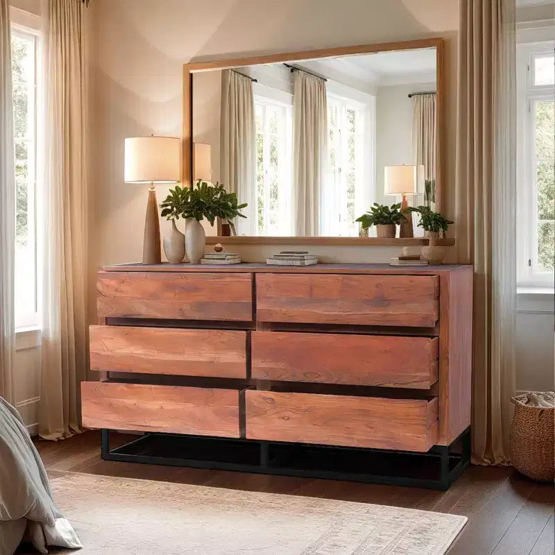 The Urban Port Wooden Dresser Or Display Unit with Metal Base Brown/Black: Mid-Century Modern, 6-Drawer Storage