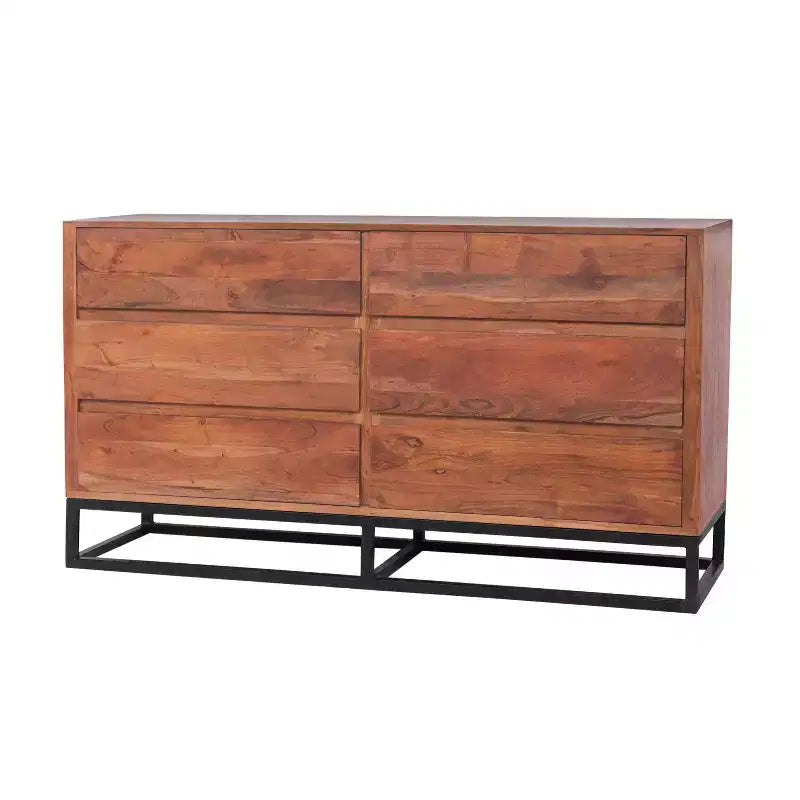 The Urban Port Wooden Dresser Or Display Unit with Metal Base Brown/Black: Mid-Century Modern, 6-Drawer Storage