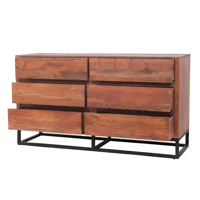 The Urban Port Wooden Dresser Or Display Unit with Metal Base Brown/Black: Mid-Century Modern, 6-Drawer Storage