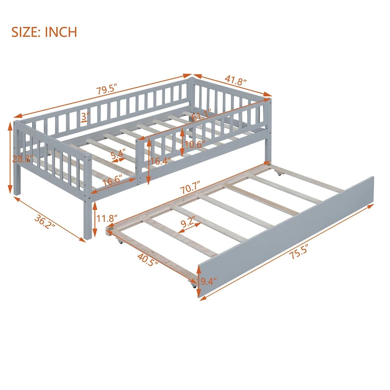 Wood Daybed with Trundle and Fence Guardrails