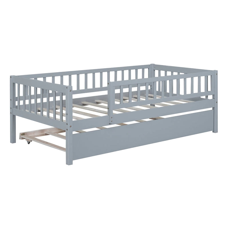 Wood Daybed with Trundle and Fence Guardrails