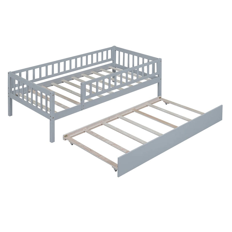 Wood Daybed with Trundle and Fence Guardrails