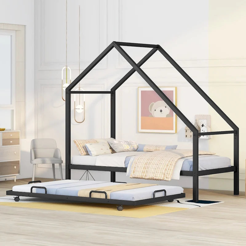 Metal House Bed With Trundle, Twin Size House Bed