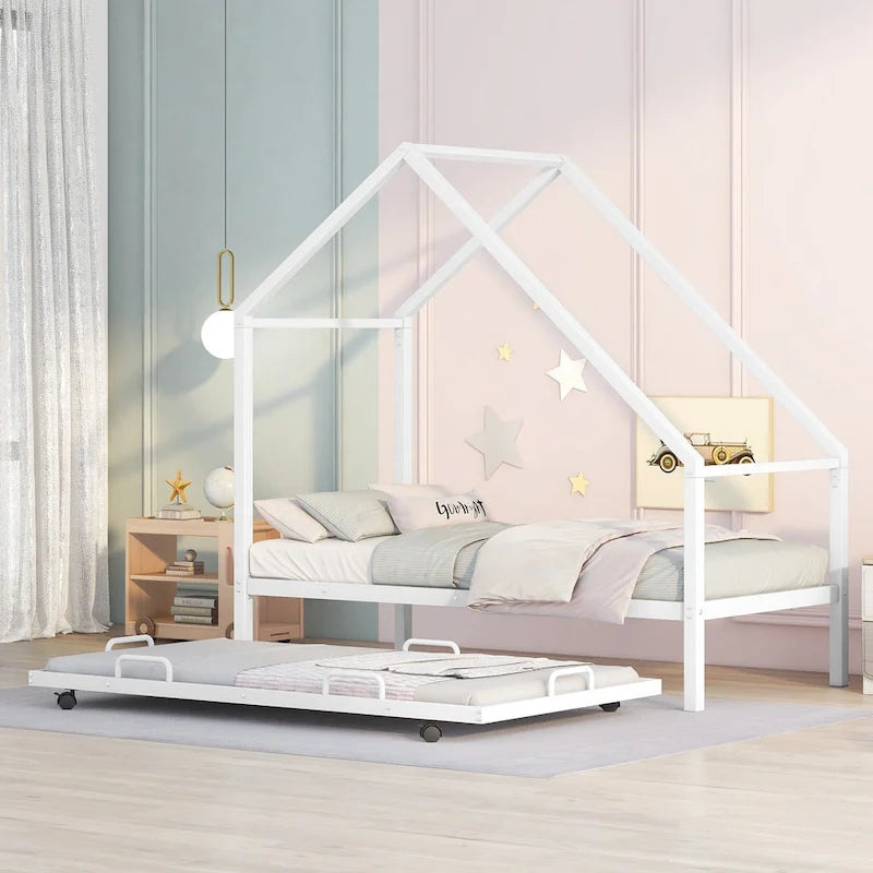 Metal House Bed With Trundle, Twin Size House Bed