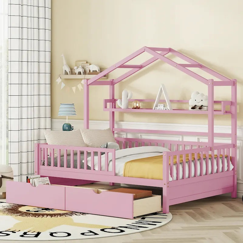 Wood House-shaped Platform Bed with Drawers and Shelf