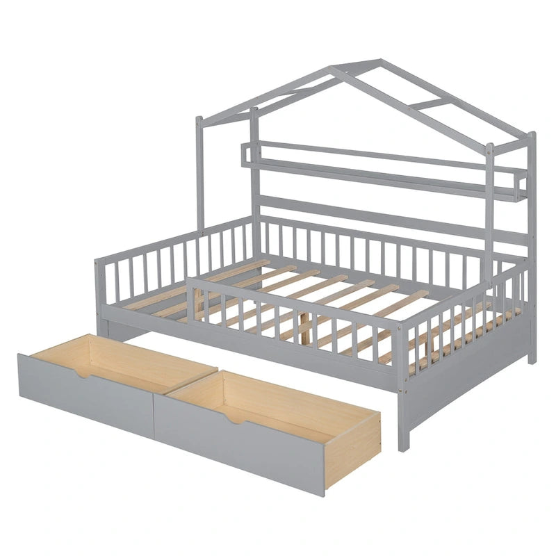 Wood House-shaped Platform Bed with Drawers and Shelf