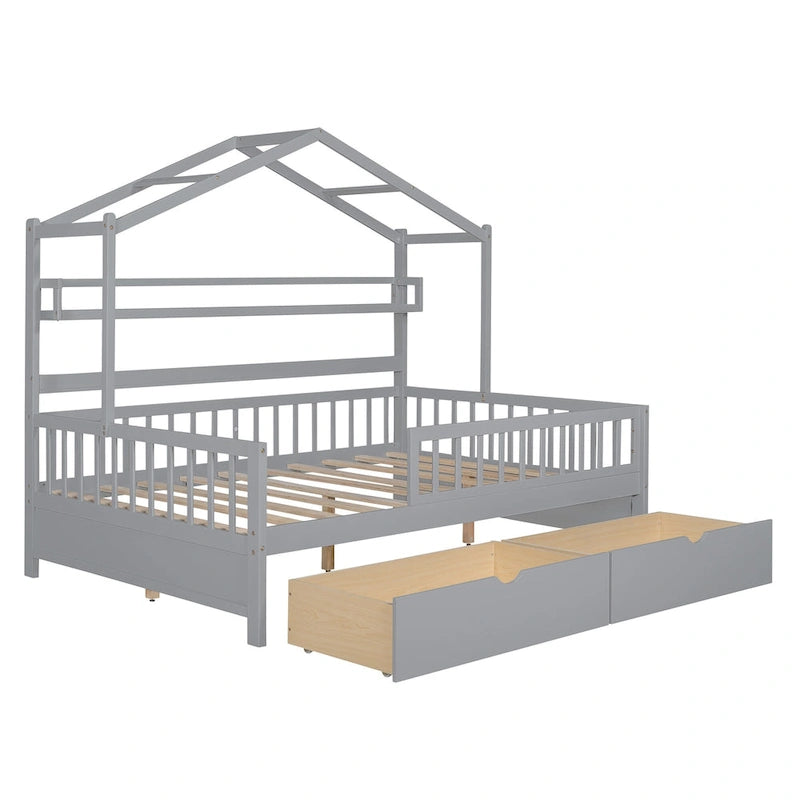 Wood House-shaped Platform Bed with Drawers and Shelf