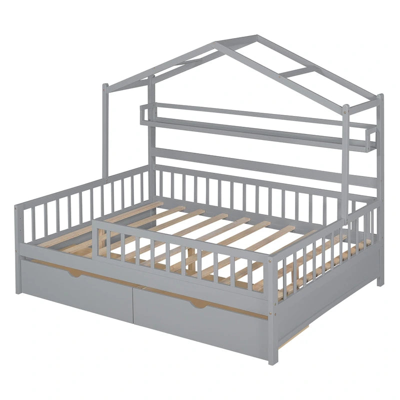 Wood House-shaped Platform Bed with Drawers and Shelf