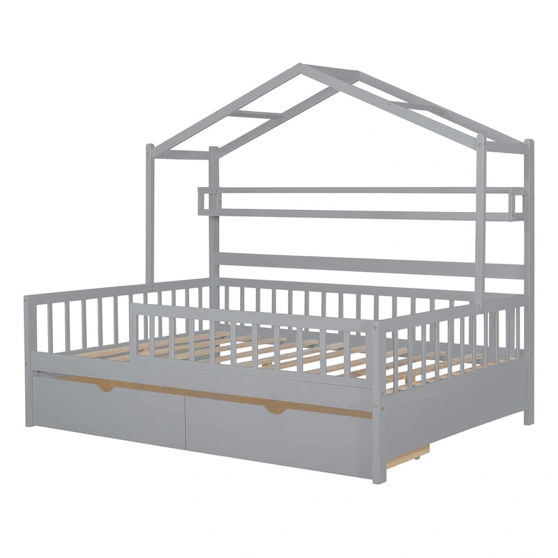 Wood House-shaped Platform Bed with Drawers and Shelf