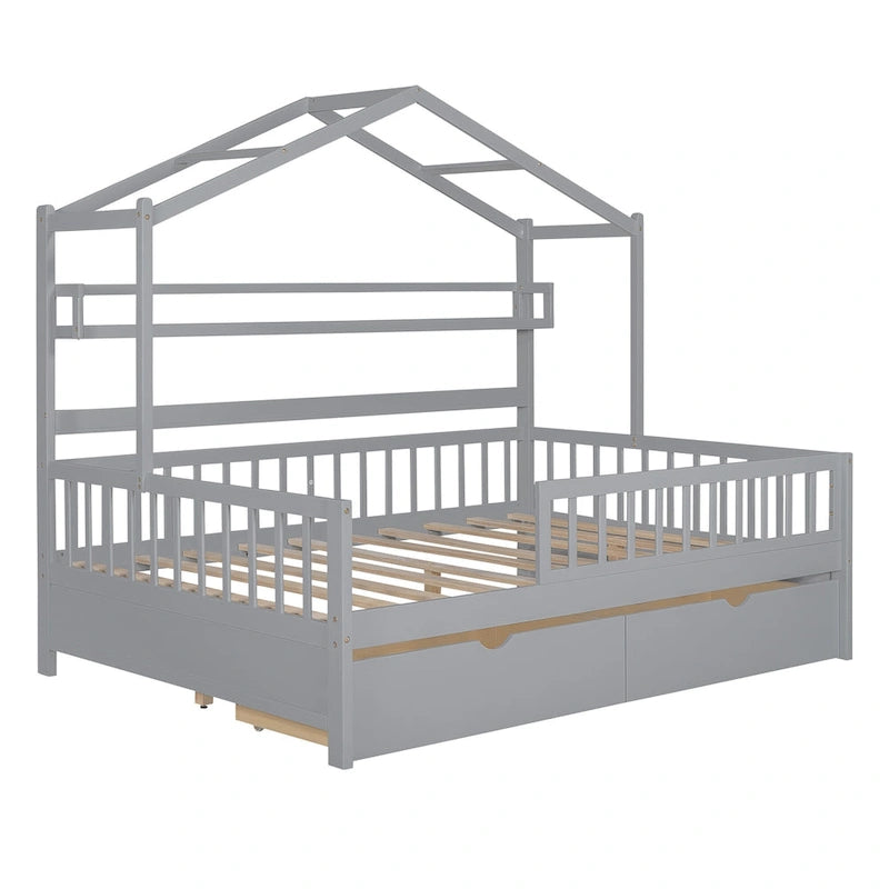 Wood House-shaped Platform Bed with Drawers and Shelf
