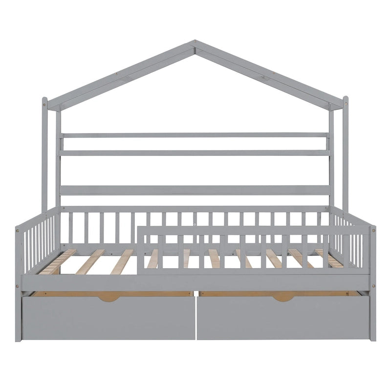 Wood House-shaped Platform Bed with Drawers and Shelf